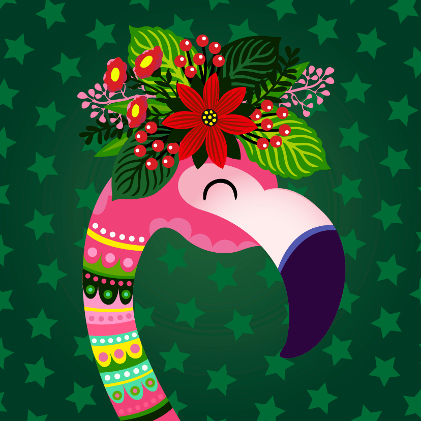 Vrolijke kerstkaart met flamingo, bloemen en planten - Kerstkaarten Kerstkaarten - Vrolijke kerstkaart met flamingo, bloemen en planten