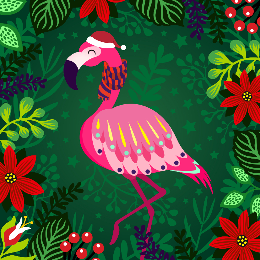 Vrolijke kerstkaart met flamingo met sjaal - Kerstkaarten Kerstkaarten - Vrolijke kerstkaart met flamingo met sjaal