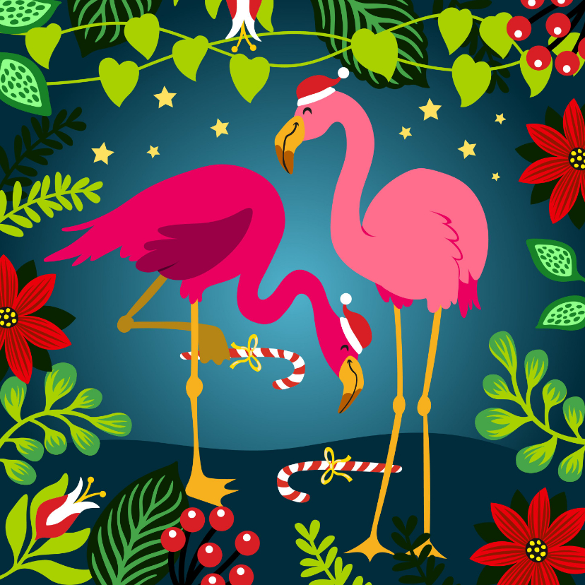 Vrolijke kerstkaart met flamingo's - Kerstkaarten Kerstkaarten - Vrolijke kerstkaart met flamingo's