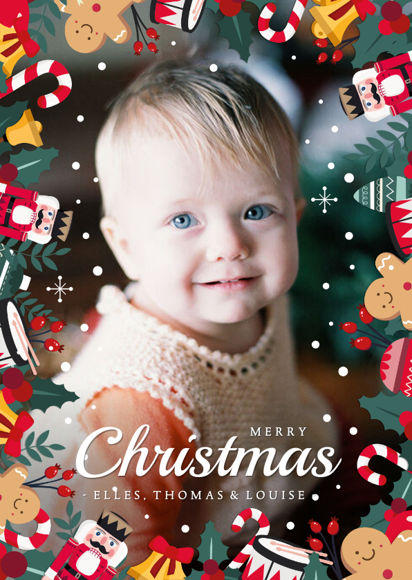 Vrolijke kerstkaart met grote foto en kerstfiguurtjes rondom - Kerstkaarten Kerstkaarten - Vrolijke kerstkaart met grote foto en kerstfiguurtjes rondom