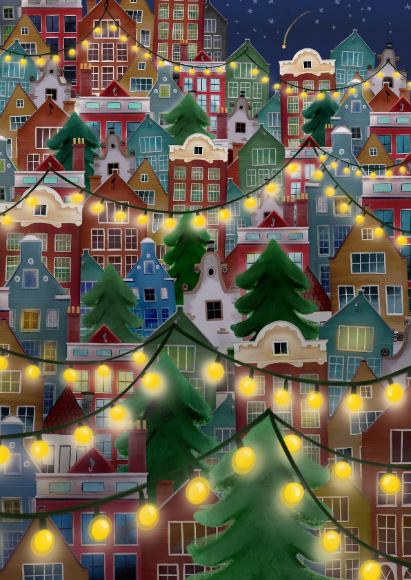 Vrolijke Kerstkaart met huisjes en lichtjes - Kerstkaarten Kerstkaarten - Vrolijke Kerstkaart met huisjes en lichtjes