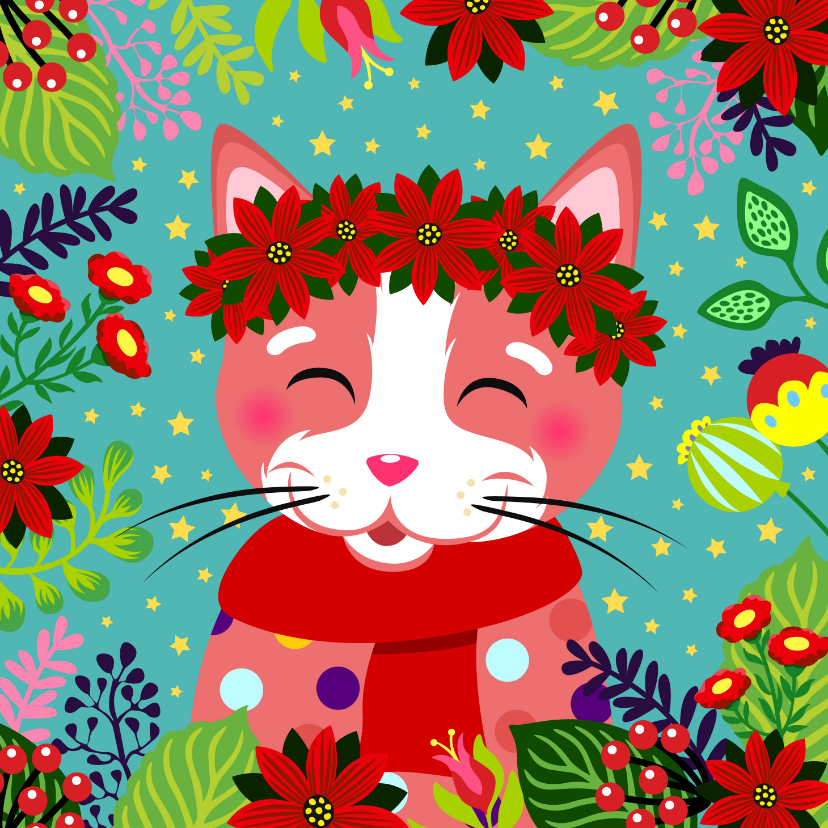 Vrolijke kerstkaart met kat, bloemen en sterren - Kerstkaarten Kerstkaarten - Vrolijke kerstkaart met kat, bloemen en sterren