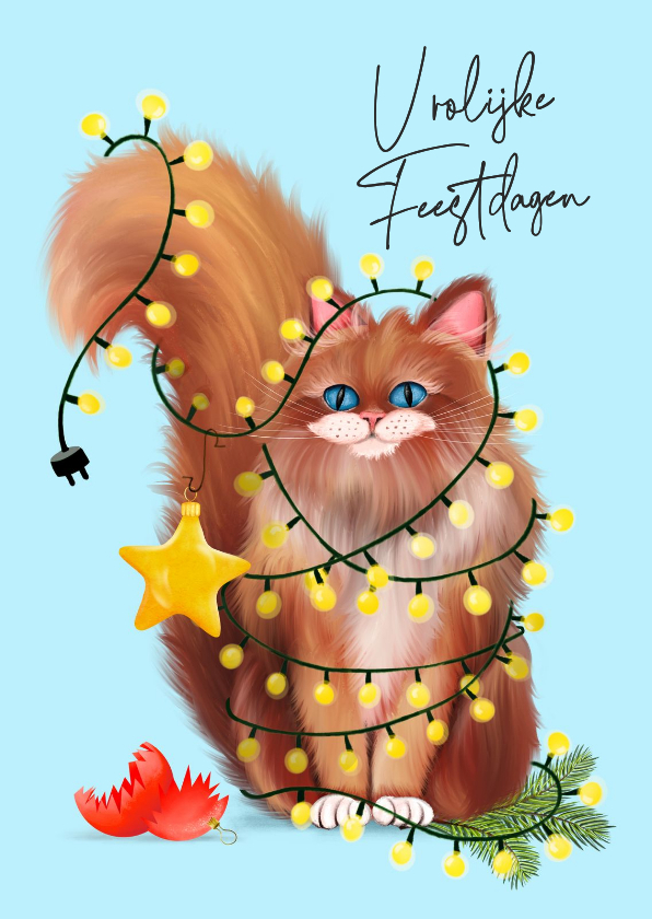 Kerstkaarten - Vrolijke kerstkaart met kat en lichtjes