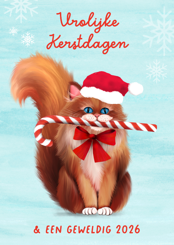 Kerstkaarten - Vrolijke kerstkaart met kat en zuurstok