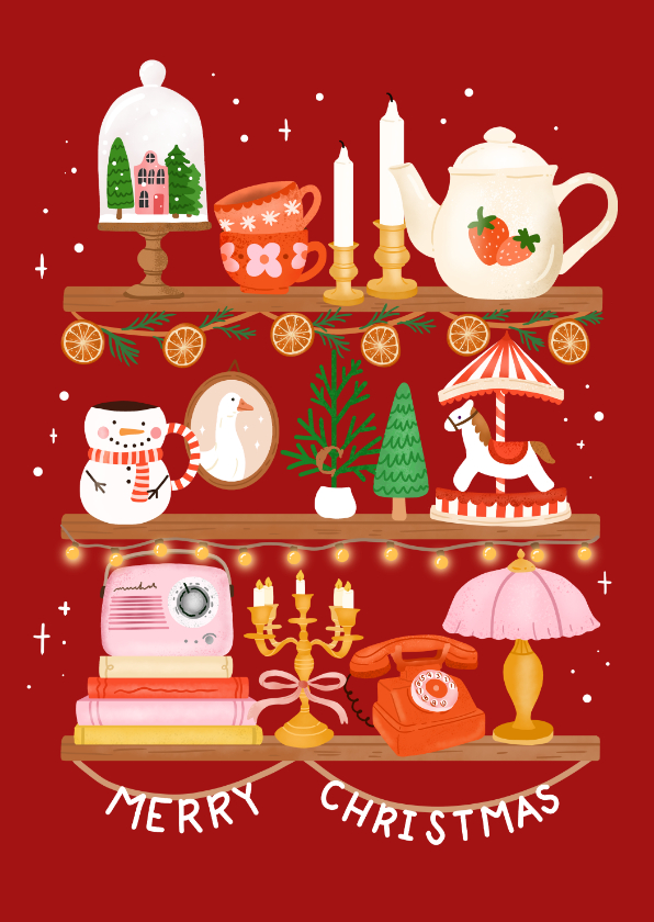 Kerstkaarten - Vrolijke kerstkaart met kerstitems op planken