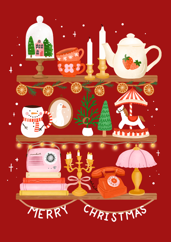 Kerstkaarten - Vrolijke kerstkaart met kerstitems op planken
