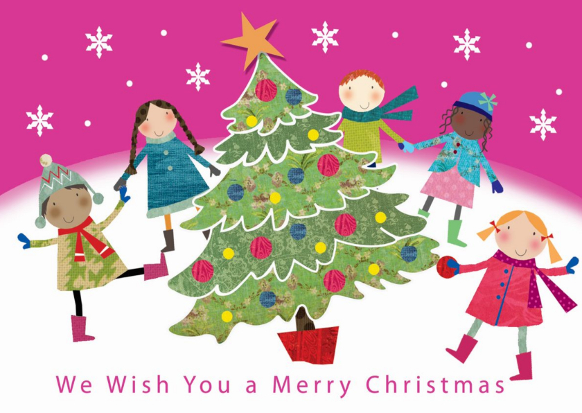 Vrolijke kerstkaart met kinderen dansend om een kerstboom - Kerstkaarten Kerstkaarten - Vrolijke kerstkaart met kinderen dansend om een kerstboom
