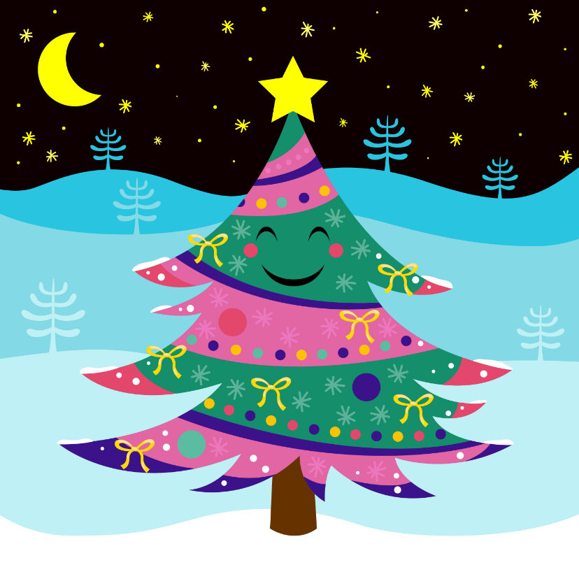 Vrolijke kerstkaart met lachende kerstboom - Kerstkaarten Kerstkaarten - Vrolijke kerstkaart met lachende kerstboom