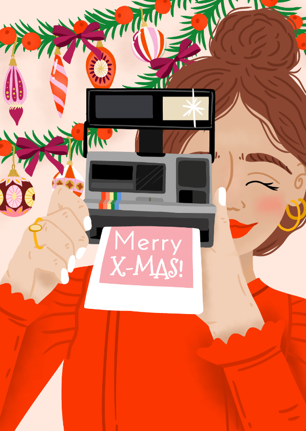 Kerstkaarten - Vrolijke kerstkaart met meisje en polaroid camera