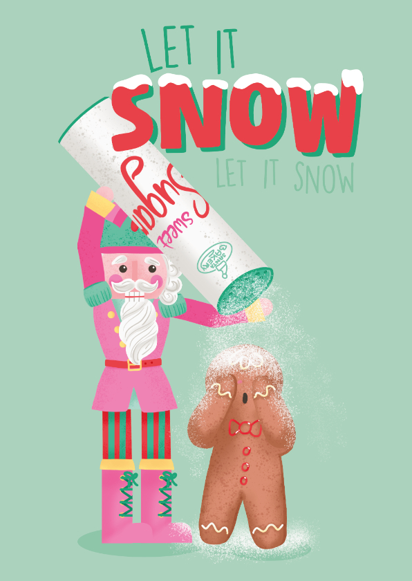 Kerstkaarten - Vrolijke kerstkaart met notenkraker en gemberkoek mannetje