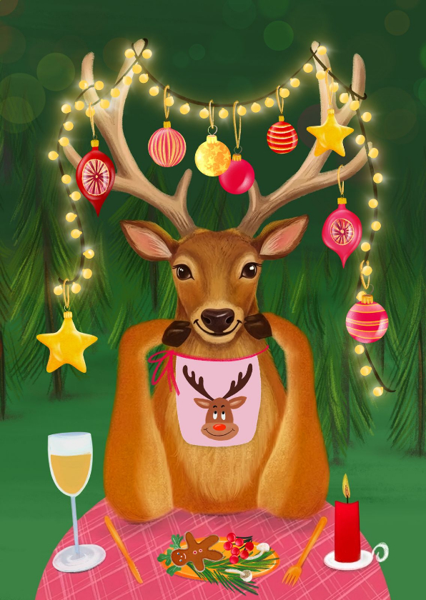 Vrolijke kerstkaart met rendier aan tafel - Kerstkaarten Kerstkaarten - Vrolijke kerstkaart met rendier aan tafel