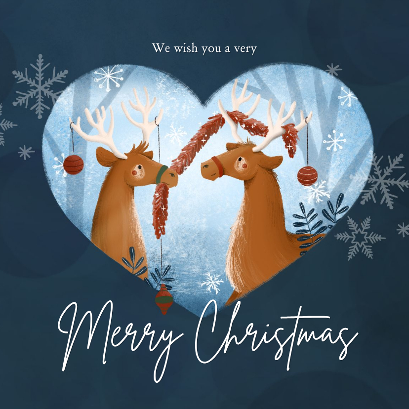 Vrolijke kerstkaart met rendieren en kerstversiering - Kerstkaarten Kerstkaarten - Vrolijke kerstkaart met rendieren en kerstversiering