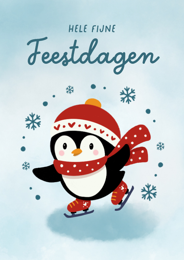Kerstkaarten - Vrolijke kerstkaart met schaatsende pinguïn en sneeuwvlokken