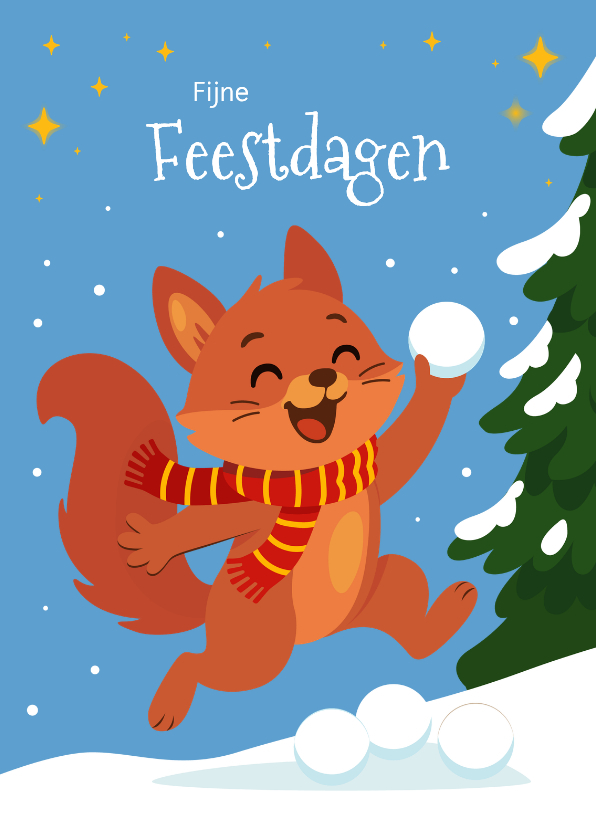 Kerstkaarten - Vrolijke kerstkaart met sneeuwbal gooiende vos!