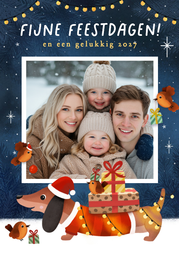 Kerstkaarten - Vrolijke kerstkaart met teckel en roodborstjes en foto