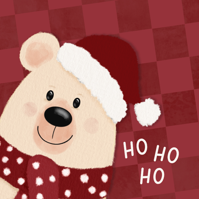 Vrolijke kerstkaart rode ruit en met beer en kerstmuts - Kerstkaarten Kerstkaarten - Vrolijke kerstkaart rode ruit en met beer en kerstmuts
