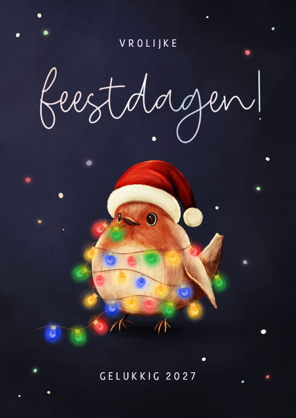 Vrolijke kerstkaart roodborstje met gekleurde lampjes - Kerstkaarten Kerstkaarten - Vrolijke kerstkaart roodborstje met gekleurde lampjes