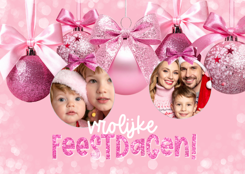 Kerstkaarten - Vrolijke roze kerstkaart kerstballen strikken en foto's