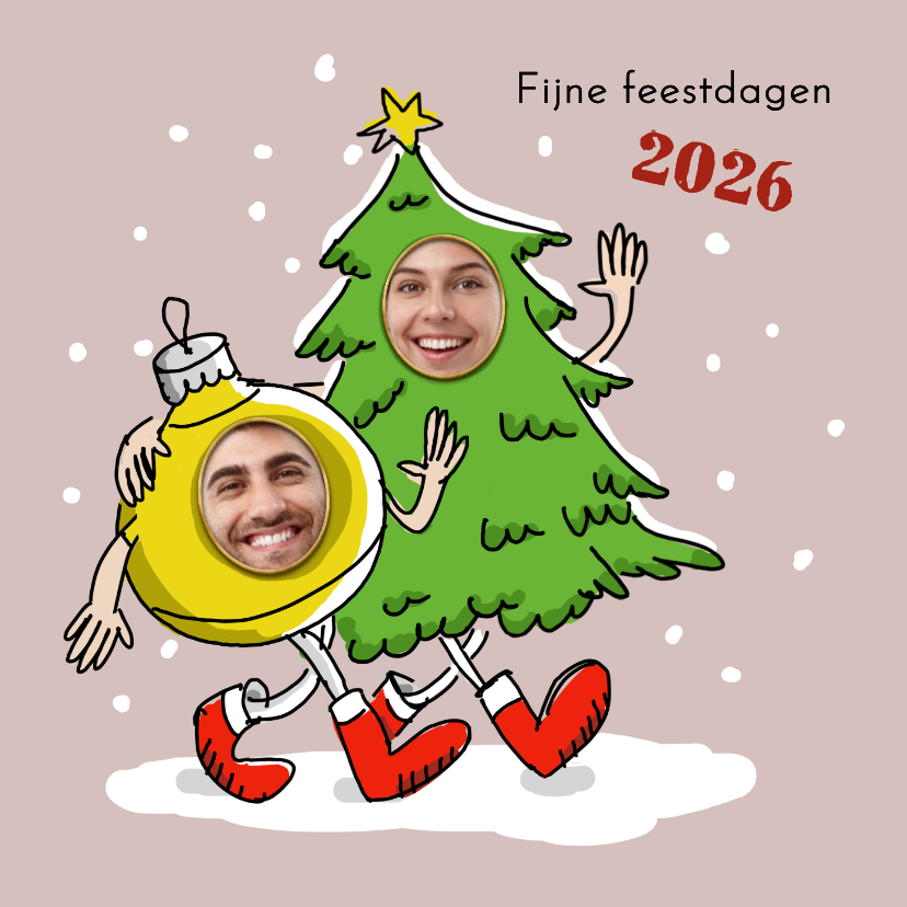 Wandelende kerstboom en kerstbal met 2 foto's - Kerstkaarten Kerstkaarten - Wandelende kerstboom en kerstbal met 2 foto's