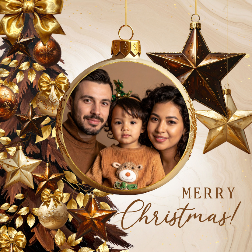 Kerstkaarten - Warme kerstkaart bruine kerstboom kerstballen, ster en foto