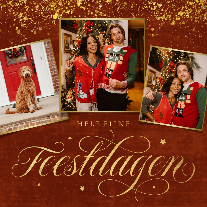 Warme kerstkaart fijne feestdagen goud fotocollage sterren - Kerstkaarten Kerstkaarten - Warme kerstkaart fijne feestdagen goud fotocollage sterren