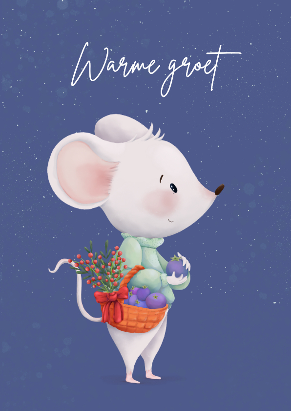 Kerstkaarten - Winterkaart met lieve muis en fruitmand