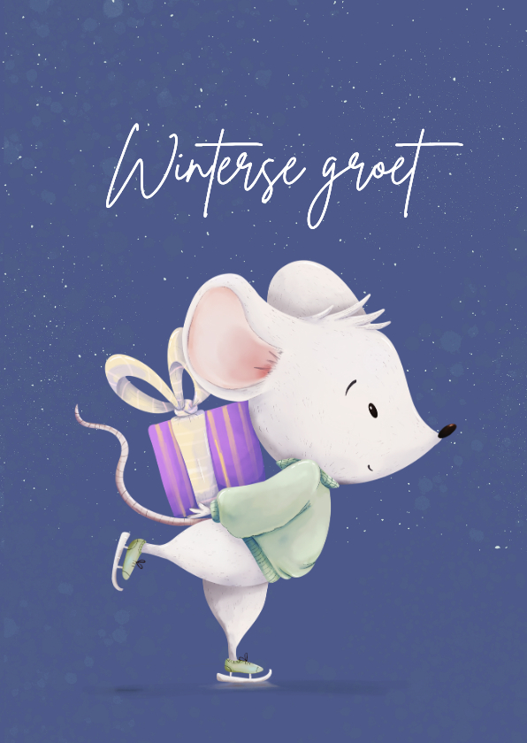 Winterkaart met muis op schaatsen en cadeau - Kerstkaarten Kerstkaarten - Winterkaart met muis op schaatsen en cadeau
