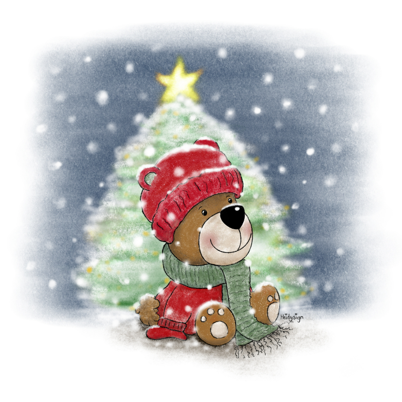 Kerstkaarten - Winterse kerstkaart met een lief beertje en een kerstboom