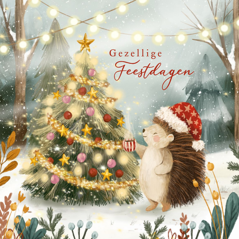 Kerstkaarten - Winterse kerstkaart met egel en kerstboom