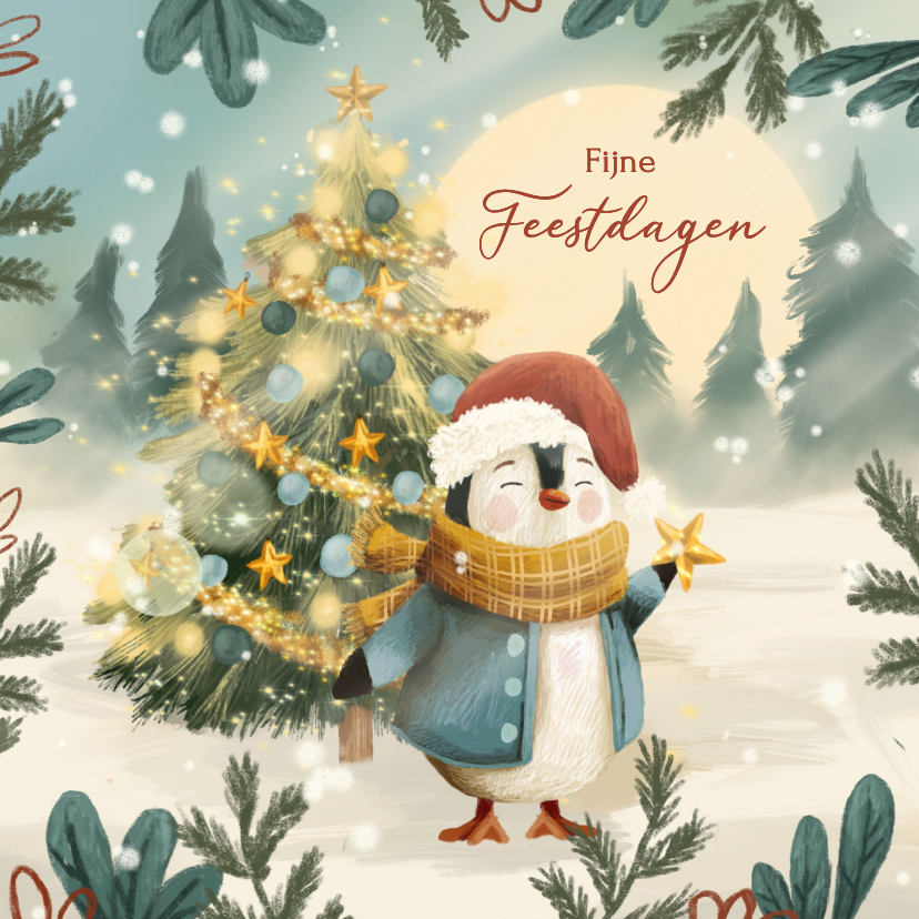 Kerstkaarten - Winterse kerstkaart met pinguïn en kerstboom