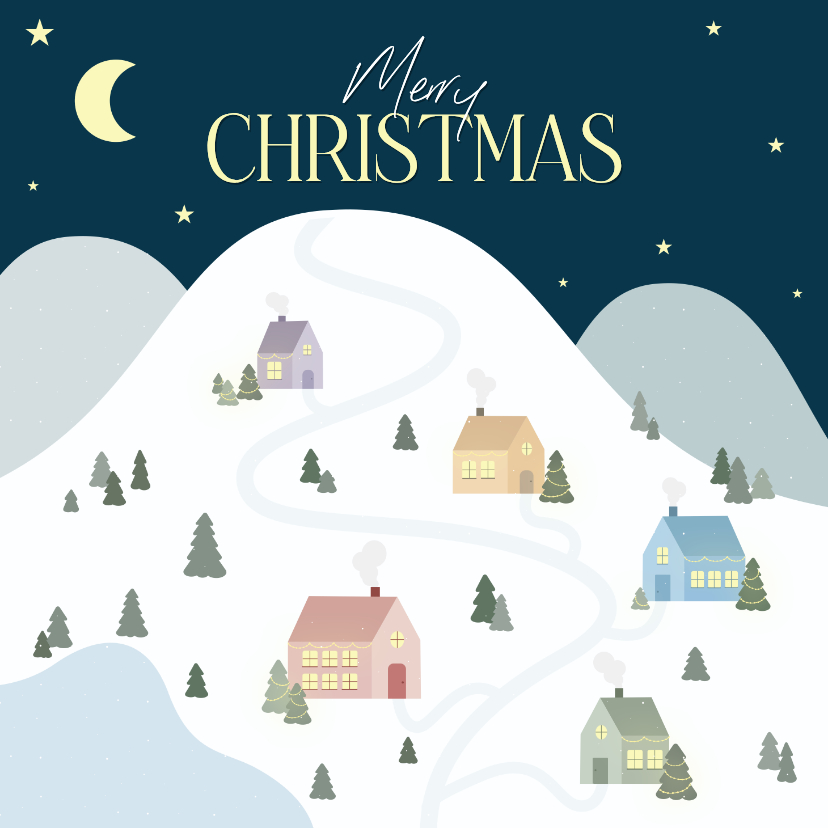 Kerstkaarten - Winterse kerstkaartjes met kerstdorpje in de sneeuw