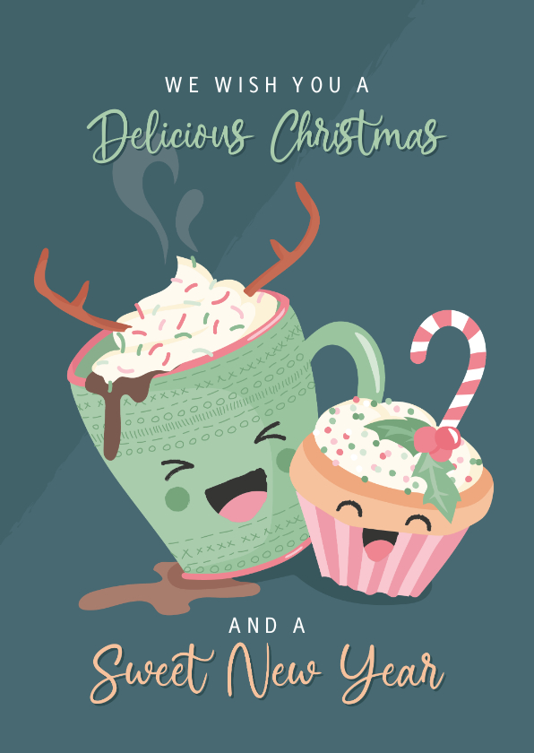 Kerstkaarten - Zoete kerstkaart met illustratie van warme choco en muffin
