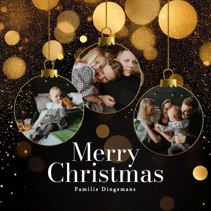 Zwart kerstkaartje met foto in kerstbal vorm en glitters - Kerstkaarten Kerstkaarten - Zwart kerstkaartje met foto in kerstbal vorm en glitters