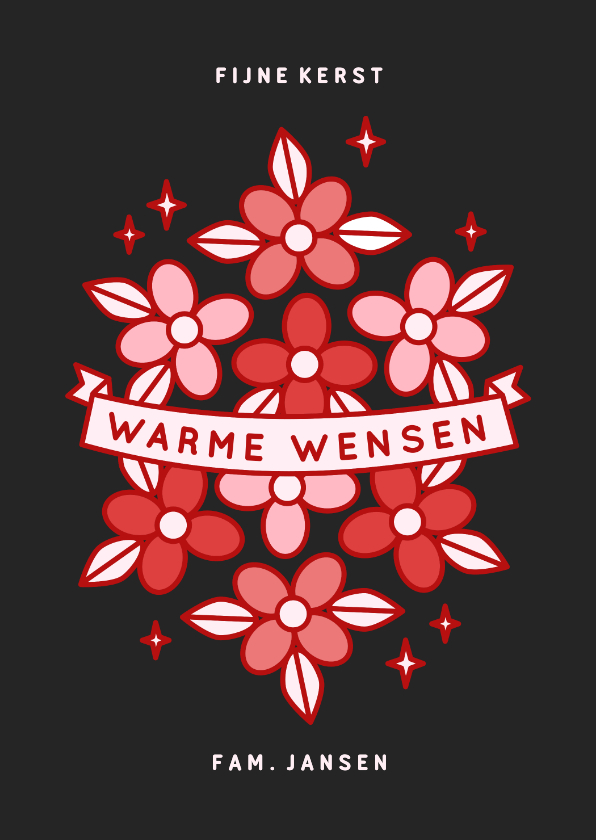 Zwarte kerstkaart met rode bloemen en sterretjes - Kerstkaarten Kerstkaarten - Zwarte kerstkaart met rode bloemen en sterretjes