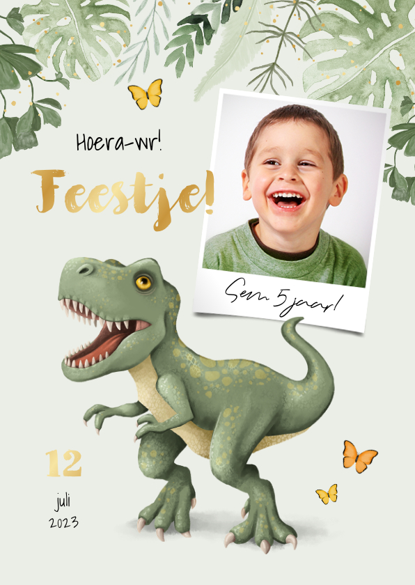 Kinderfeestjes - Dinosaurus kinderfeestje uitnodiging T-rex jungle bladeren