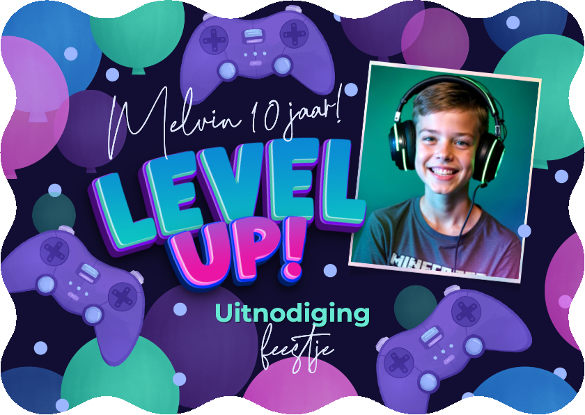 Enkele uitnodiging game party level up wave - Kinderfeestjes Kinderfeestjes - Enkele uitnodiging game party level up wave