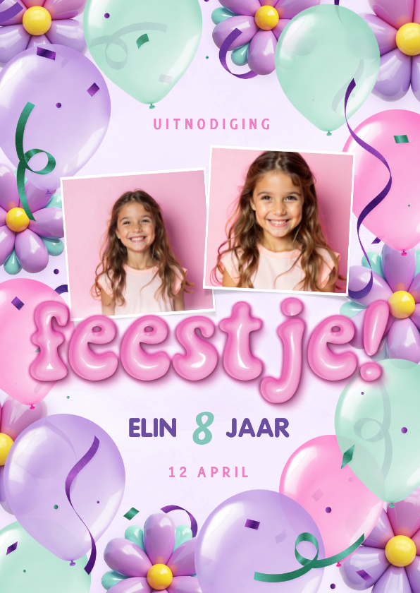 Kinderfeestjes - Feestelijke uitnodiging kleurrijke bloemen en ballonnen