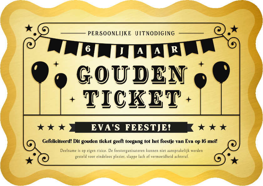 Gouden ticket uitnodiging kaart kinderfeestje golvende rand - Kinderfeestjes Kinderfeestjes - Gouden ticket uitnodiging kaart kinderfeestje golvende rand