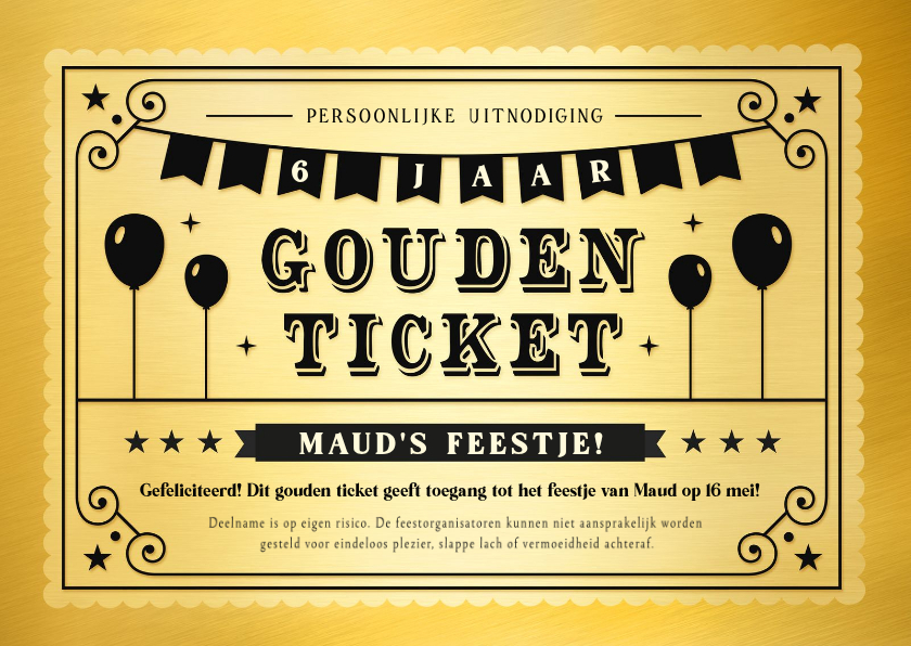 Kinderfeestjes - Grappige gouden ticket uitnodiging voor een kinderfeestje