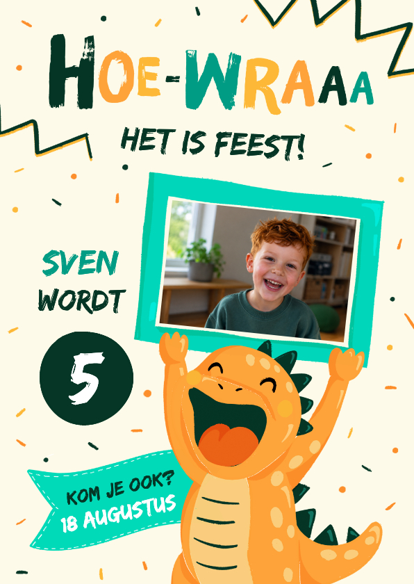 Kinderfeestjes - Grappige stoere dino uitnodiging voor een gezellig feestje