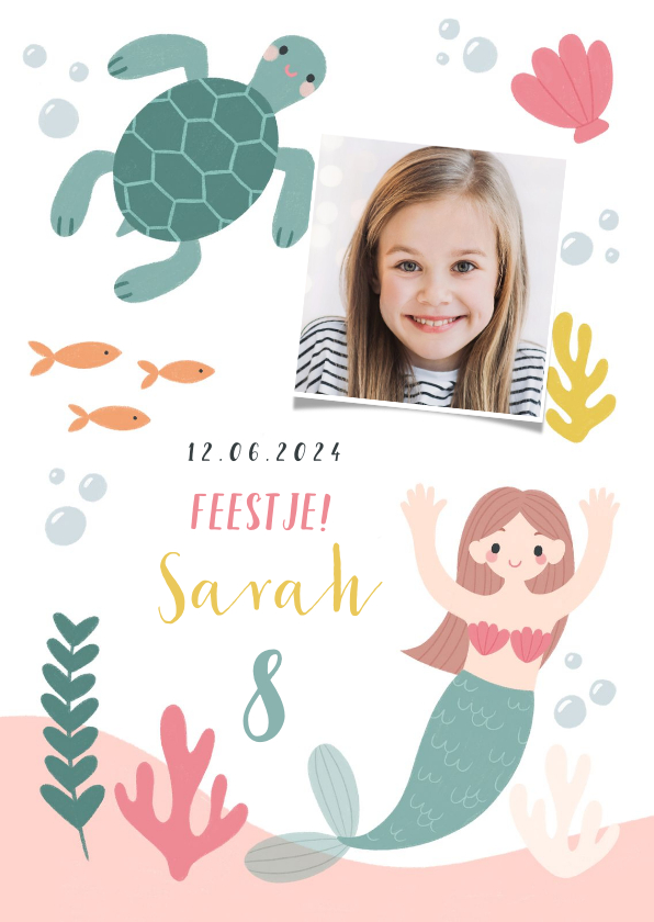 Kinderfeestjes - Hip kinderfeestje uitnodiging zeemeermin, schildpad en foto