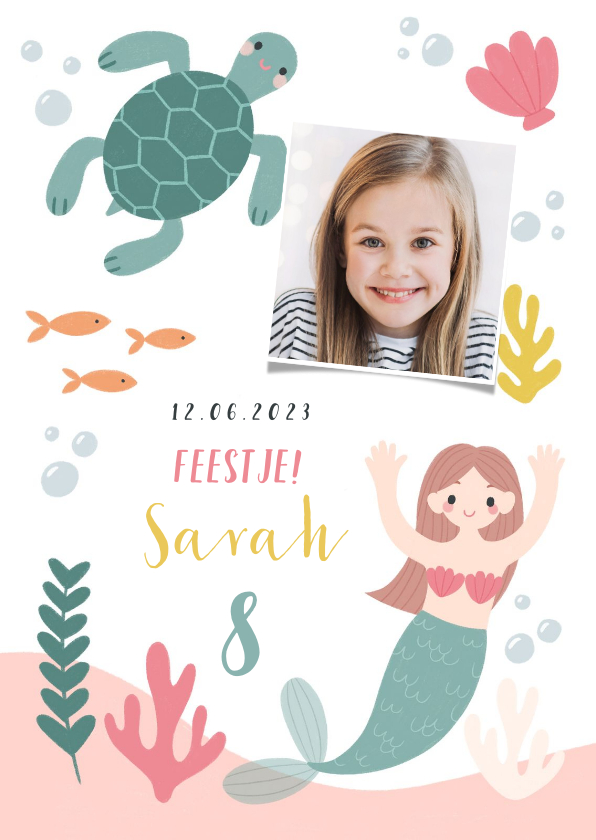 Hip kinderfeestje uitnodiging zeemeermin, schildpad en foto - Kinderfeestjes Kinderfeestjes - Hip kinderfeestje uitnodiging zeemeermin, schildpad en foto