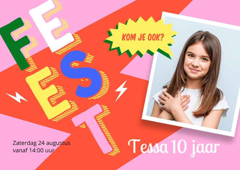 Kinderfeestjes - Hippe roze uitnodiging partijtje meisje met foto