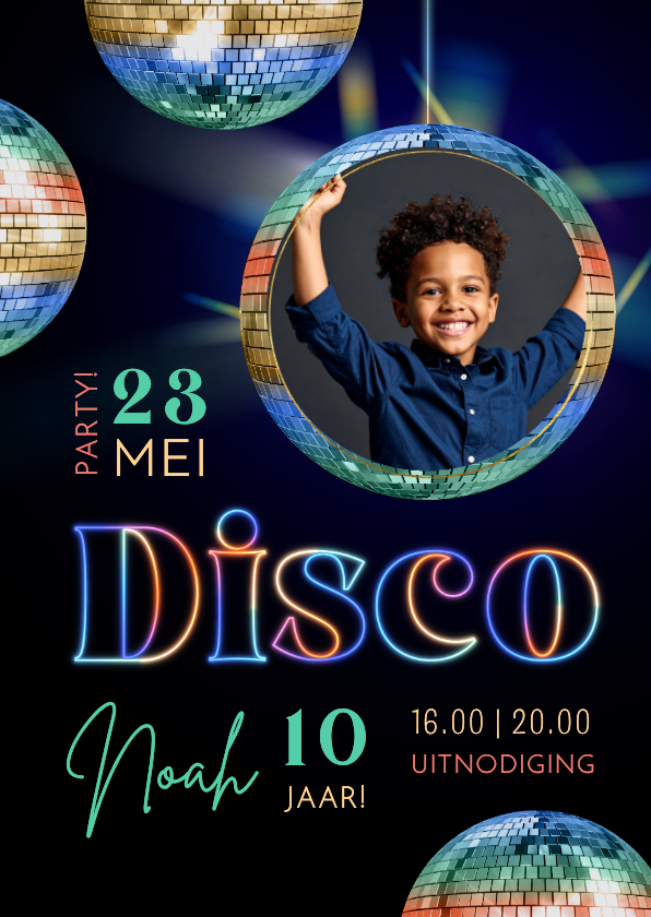 Kinderfeestjes - Hippe uitnodiging discofeestje stoere lichtgevende kleuren