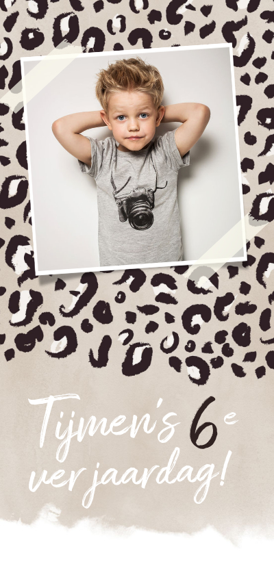 Hippe uitnodiging kinderfeestje jongen met panterprint - Kinderfeestjes Kinderfeestjes - Hippe uitnodiging kinderfeestje jongen met panterprint