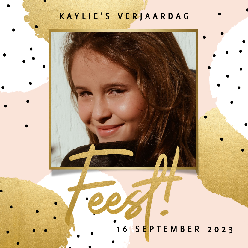 Hippe uitnodiging kinderfeestje met gouden en witte stippen - Kinderfeestjes Kinderfeestjes - Hippe uitnodiging kinderfeestje met gouden en witte stippen