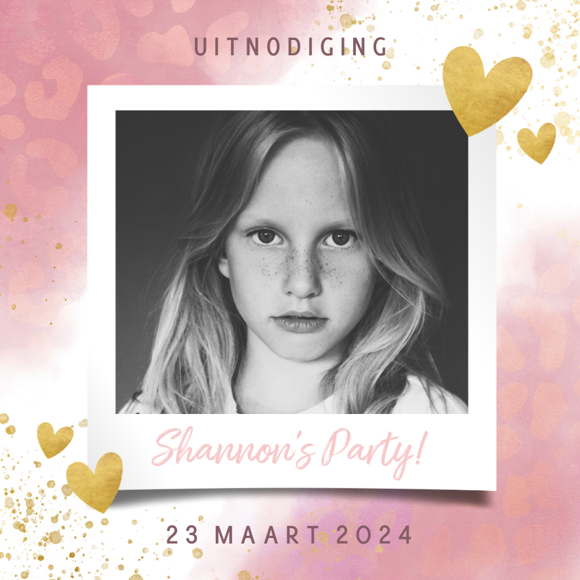 Hippe uitnodiging kinderfeestje met panterprint en hartjes - Kinderfeestjes Kinderfeestjes - Hippe uitnodiging kinderfeestje met panterprint en hartjes