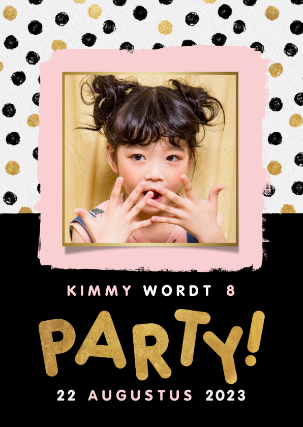 Hippe uitnodiging kinderfeestje met stipjes, kader en party! - Kinderfeestjes Kinderfeestjes - Hippe uitnodiging kinderfeestje met stipjes, kader en party!