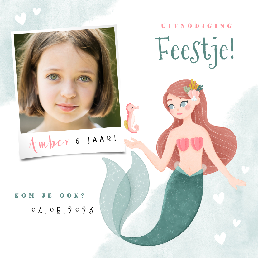 Hippe uitnodiging kinderfeestje zeemeermin zeepaardje & foto - Kinderfeestjes Kinderfeestjes - Hippe uitnodiging kinderfeestje zeemeermin zeepaardje & foto