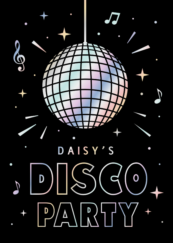 Kinderfeestjes - Hippe uitnodiging voor een disco feestje met regenboog folie